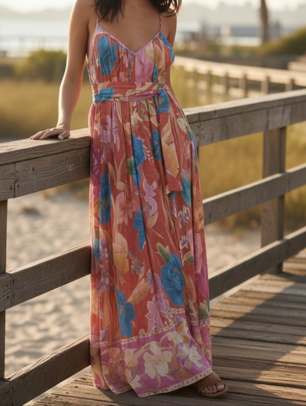 Tie Waist Belted Bright Contrasting Floral V-Neck Open Back Spaghetti Strap Maxi - Picture 11 of 11